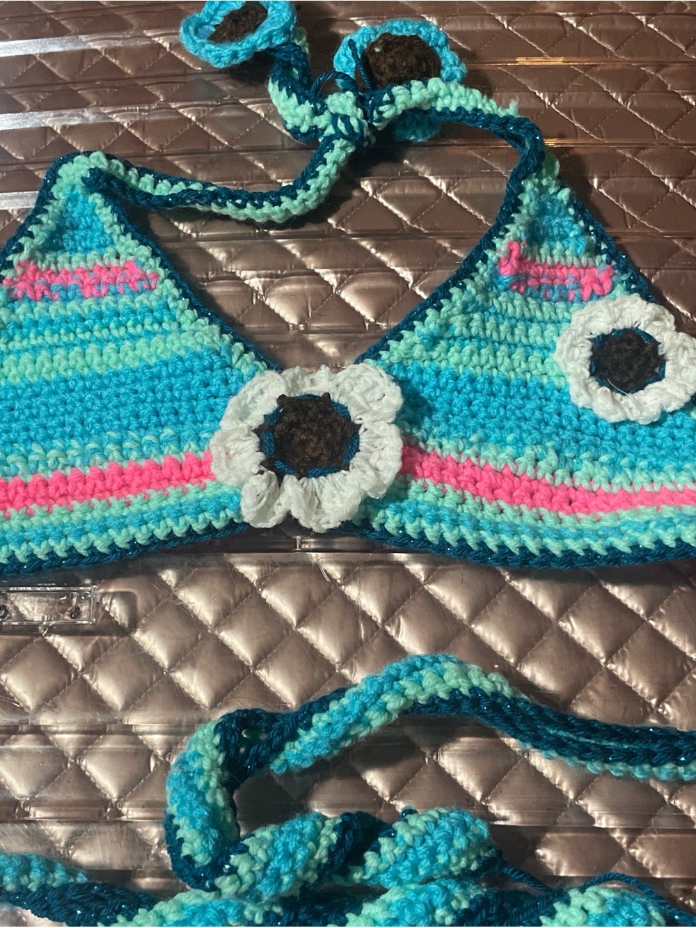 Handmade Crocheted Bikini Top with Floral Accents - Turquoise & Pink